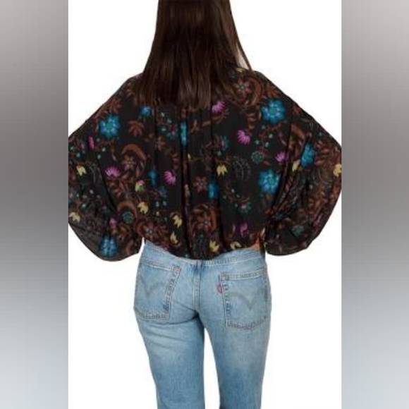 FREE PEOPLE Wildflower Mesh Blouson Top Ruffle Long Sleeve Oversized XS 2 4 6 - Picture 2 of 8